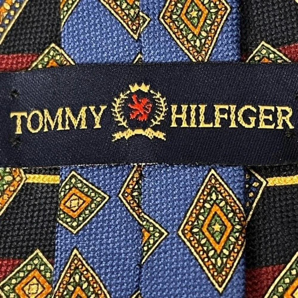 Tommy Hilfiger Tie.Diamond Pattern w/ Red and Blue Stripes.Imported Italian Silk